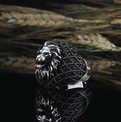 Zyan Gems | Unique Turkish Style Oxidized Silver Lion Ring with Black Zircon|  Sterling Silver Oxidized Ring