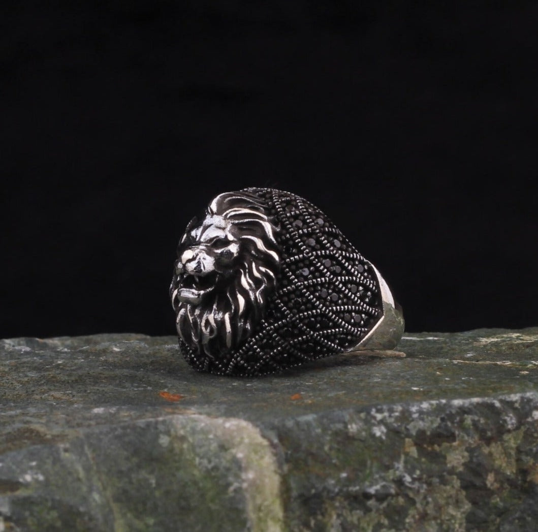 Zyan Gems | Unique Turkish Style Oxidized Silver Lion Ring with Black Zircon|  Sterling Silver Oxidized Ring