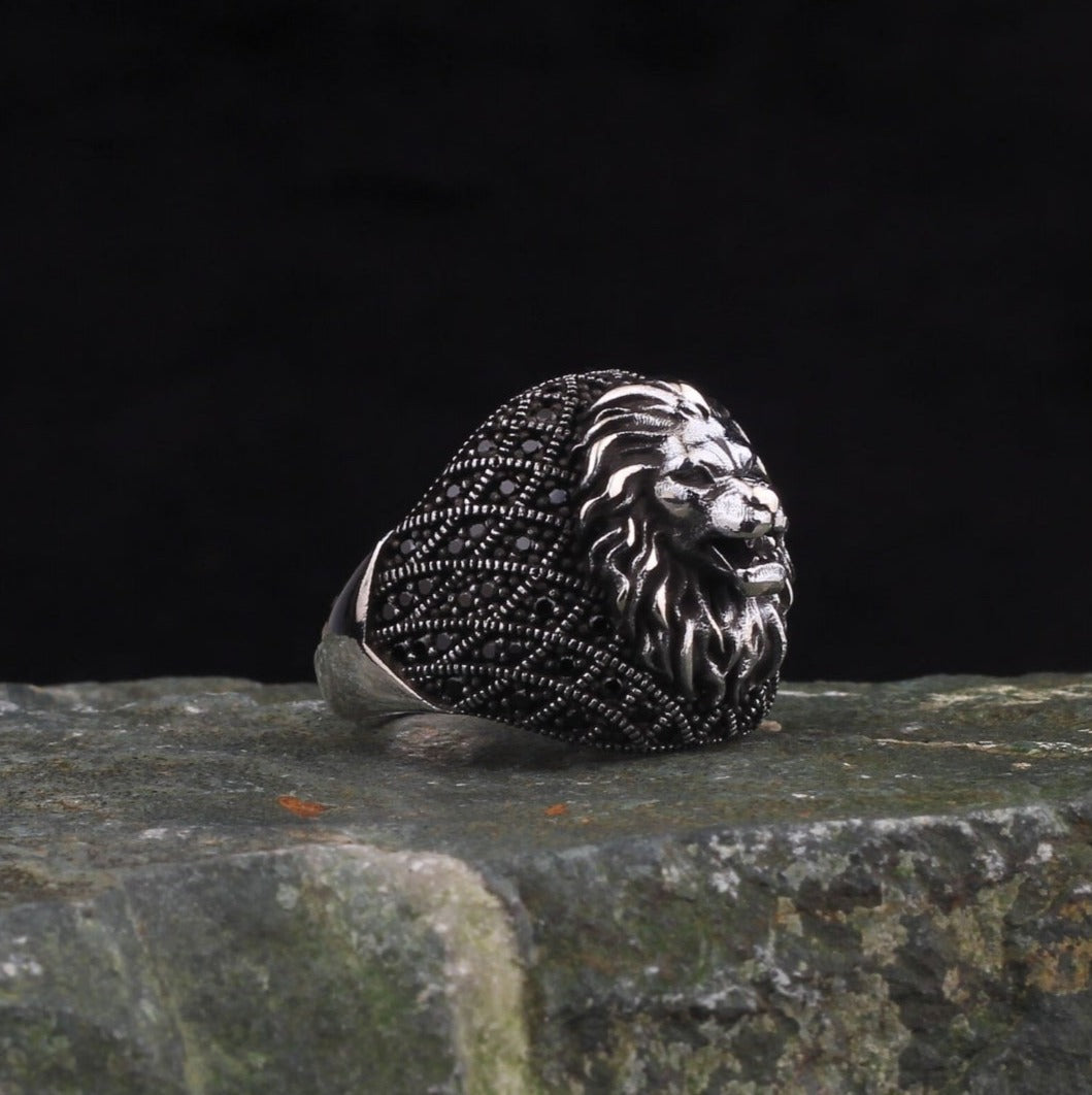 Zyan Gems | Unique Turkish Style Oxidized Silver Lion Ring with Black Zircon|  Sterling Silver Oxidized Ring