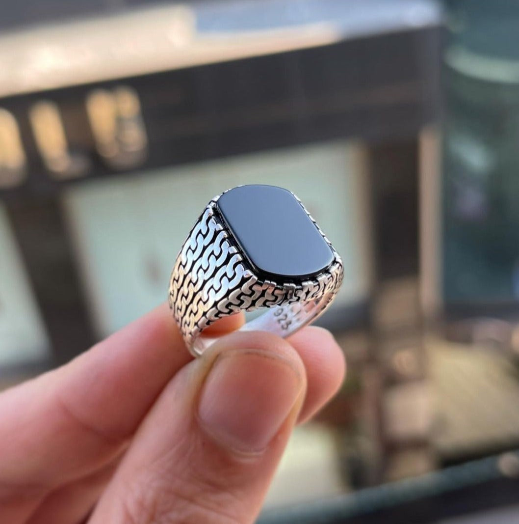 Zyan Gems | Unique Turkish  Style Ring with Natural Black Onyx |  Sterling Silver Oxidized Ring