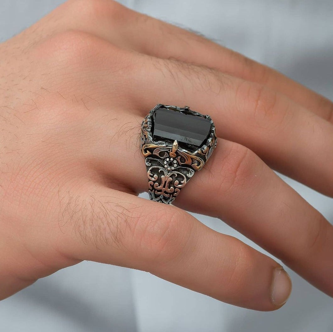 Zyan Gems | Unique Turkish Style Ring with Faceted Black Zircon |  Sterling Silver Oxidized Ring
