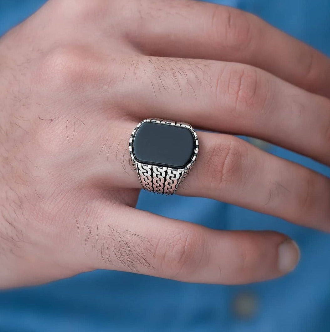Zyan Gems | Unique Turkish  Style Ring with Natural Black Onyx |  Sterling Silver Oxidized Ring