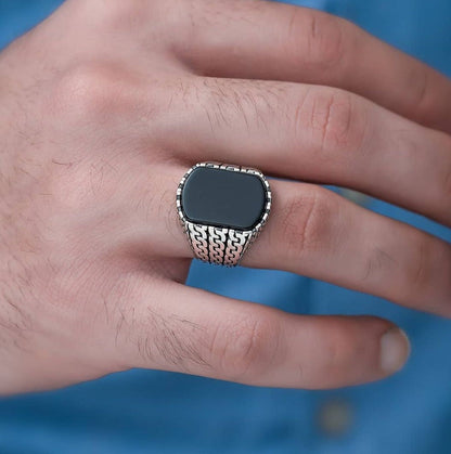 Zyan Gems | Unique Turkish  Style Ring with Natural Black Onyx |  Sterling Silver Oxidized Ring