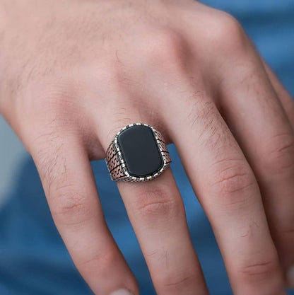 Zyan Gems | Unique Turkish  Style Ring with Natural Black Onyx |  Sterling Silver Oxidized Ring