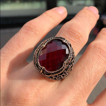 Zyan Gems | Unique Turkish Style Ring with Faceted Red Zircon |  Sterling Silver Oxidized Ring