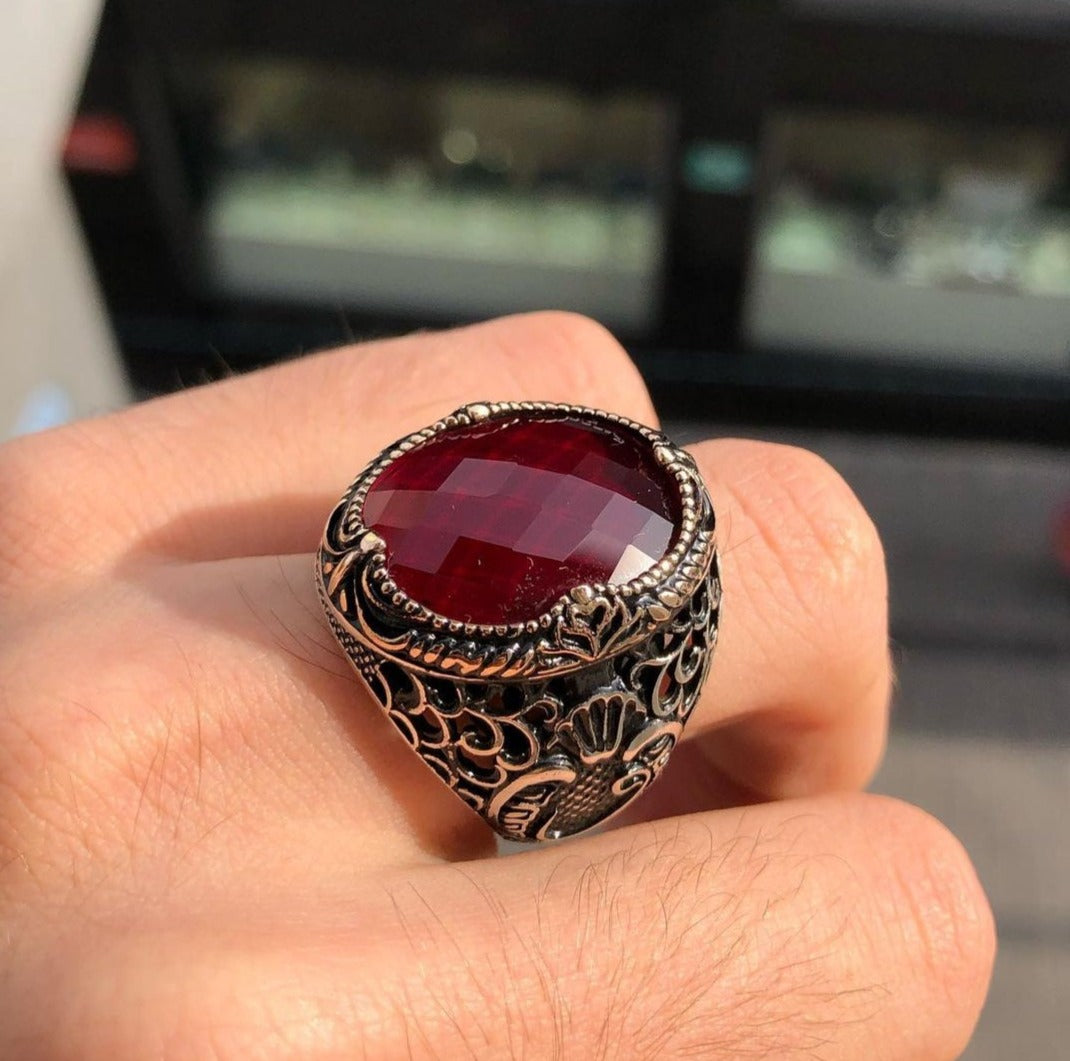 Zyan Gems | Unique Turkish Style Ring with Faceted Red Zircon |  Sterling Silver Oxidized Ring