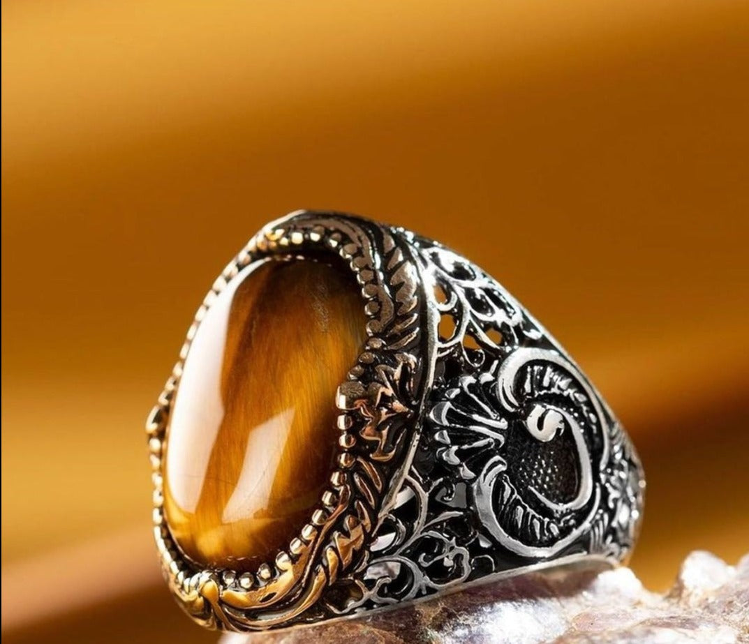 Zyan Gems | Unique Turkish Style Ring with Natural Tiger Eye |  Sterling Silver Oxidized Ring