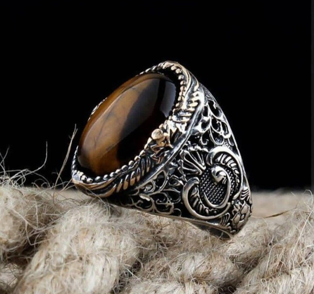 Zyan Gems | Unique Turkish Style Ring with Natural Tiger Eye |  Sterling Silver Oxidized Ring