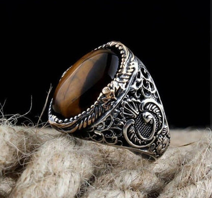Zyan Gems | Unique Turkish Style Ring with Natural Tiger Eye |  Sterling Silver Oxidized Ring