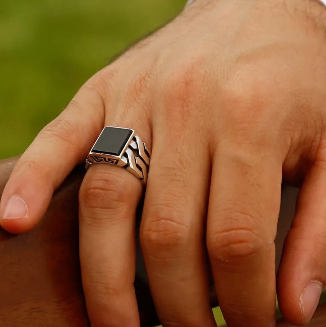 Zyan Gems | Unique Turkish  Style Ring with Natural Black Onyx |  Sterling Silver Oxidized Ring