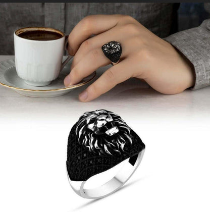 Zyan Gems | Unique Turkish Style Oxidized Silver Lion Ring with Black Zircon|  Sterling Silver Oxidized Ring