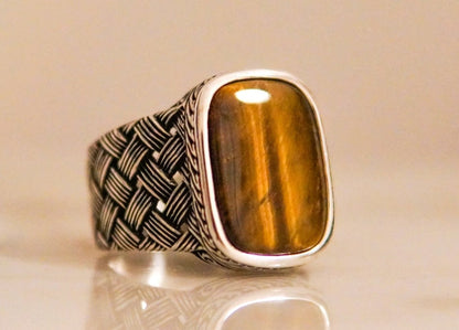 Zyan Gems | Unique Turkish Style Ring with Natural Tiger Eye |  Sterling Silver Oxidized Ring