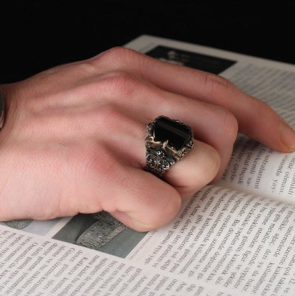 Zyan Gems | Unique Turkish Style Ring with Faceted Black Zircon |  Sterling Silver Oxidized Ring