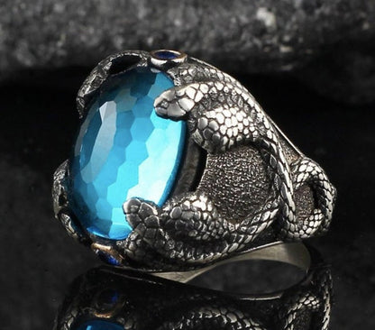 Zyan Gems | Unique Designed Snake Ring with S Blue Topaz|  Sterling Silver Oxidized Ring