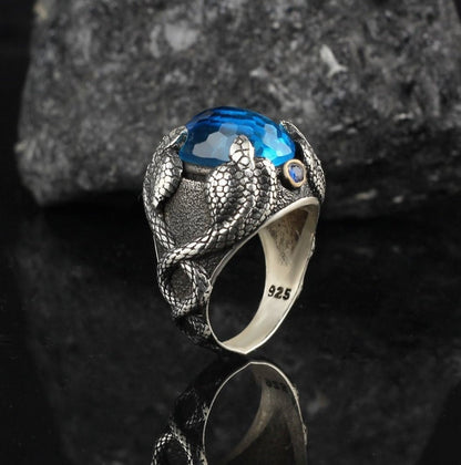 Zyan Gems | Unique Designed Snake Ring with S Blue Topaz|  Sterling Silver Oxidized Ring