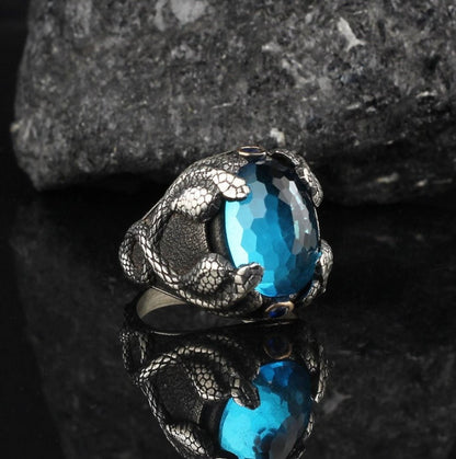 Zyan Gems | Unique Designed Snake Ring with S Blue Topaz|  Sterling Silver Oxidized Ring