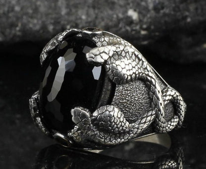 Zyan Gems | Unique Designed Snake Ring with Black Zircon |  Sterling Silver Oxidized Ring