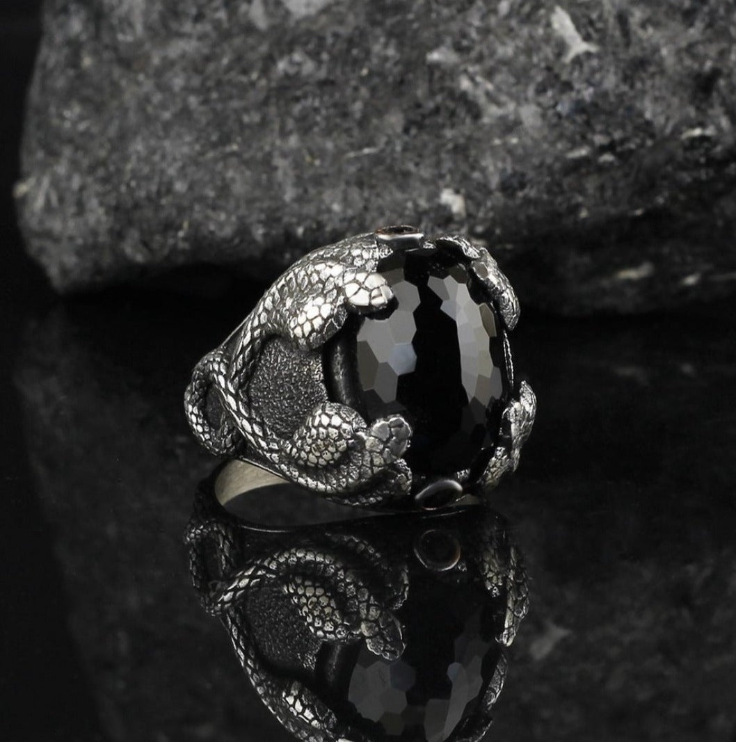 Zyan Gems | Unique Designed Snake Ring with Black Zircon |  Sterling Silver Oxidized Ring