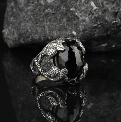 Zyan Gems | Unique Designed Snake Ring with Black Zircon |  Sterling Silver Oxidized Ring