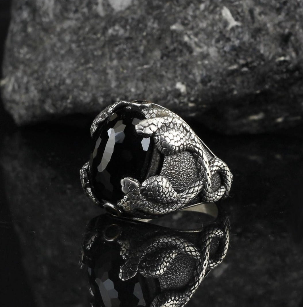 Zyan Gems | Unique Designed Snake Ring with Black Zircon |  Sterling Silver Oxidized Ring