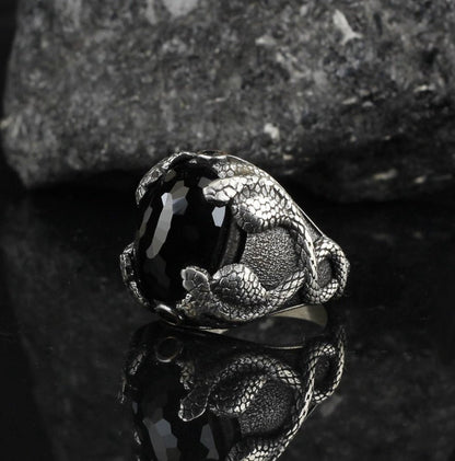 Zyan Gems | Unique Designed Snake Ring with Black Zircon |  Sterling Silver Oxidized Ring