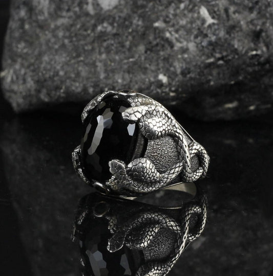 Zyan Gems | Unique Designed Snake Ring with Black Zircon |  Sterling Silver Oxidized Ring