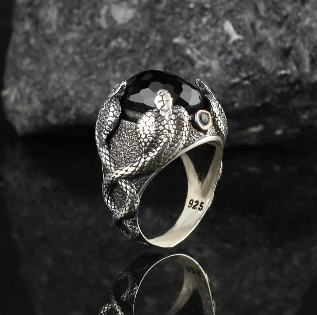 Zyan Gems | Unique Designed Snake Ring with Black Zircon |  Sterling Silver Oxidized Ring