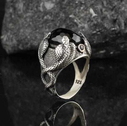 Zyan Gems | Unique Designed Snake Ring with Black Zircon |  Sterling Silver Oxidized Ring