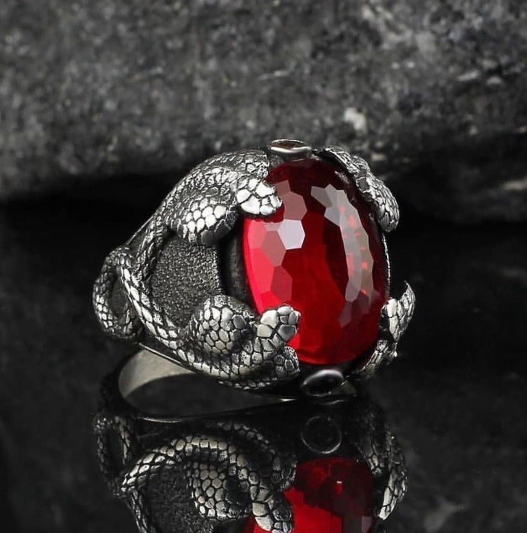 Zyan Gems | Unique Designed Snake Ring with Red Zircon |  Sterling Silver Oxidized Ring