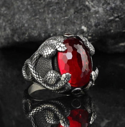 Zyan Gems | Unique Designed Snake Ring with Red Zircon |  Sterling Silver Oxidized Ring