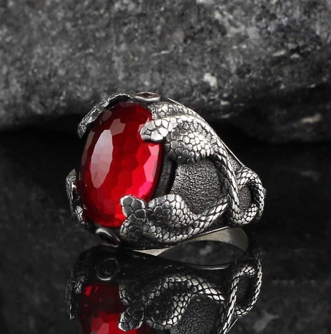 Zyan Gems | Unique Designed Snake Ring with Red Zircon |  Sterling Silver Oxidized Ring
