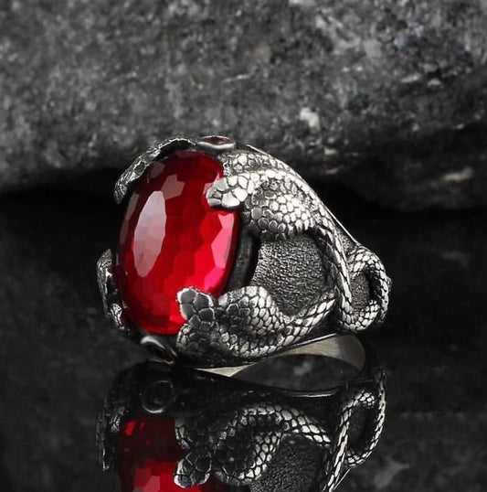 Zyan Gems | Unique Designed Snake Ring with Red Zircon |  Sterling Silver Oxidized Ring