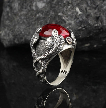Zyan Gems | Unique Designed Snake Ring with Red Zircon |  Sterling Silver Oxidized Ring