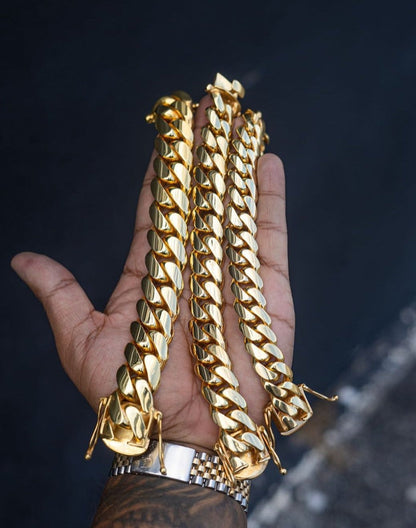 Zyan Gems | 14mm Wide Solid Miami Cuban Link Bracelet |  Gold Micron Plated  Sterling Silver Bracelet