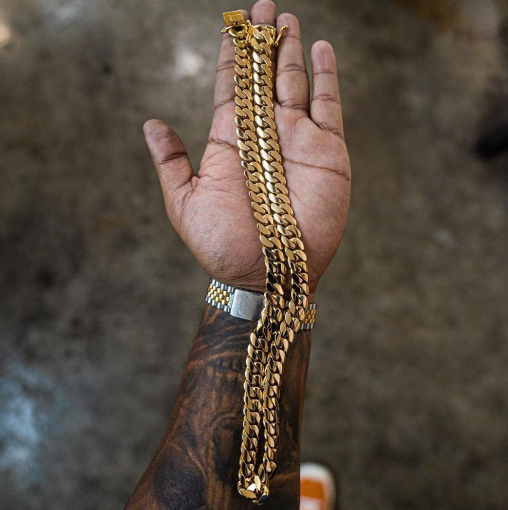 Zyan Gems | 12mm Wide Solid Miami Cuban Link Chain |  Gold Micron Plated  Sterling Silver Chain