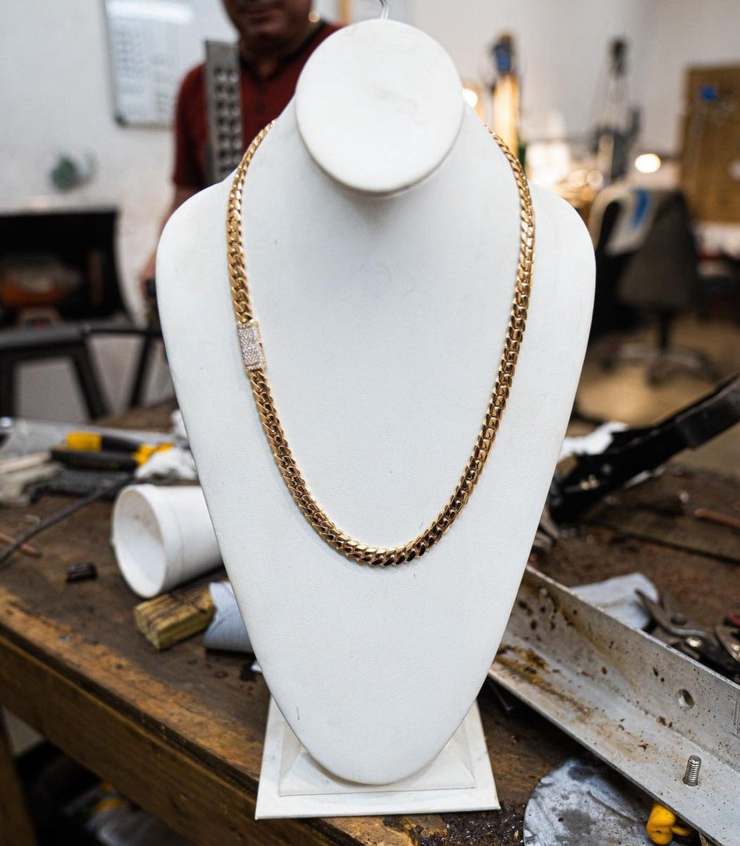 Zyan Gems | Solid 10mm Miami Cuban Link Chain with Iced Lock |  Gold Micron Plated on  Sterling Silver Chain with AAA+ Quality Swarovski Diamonds