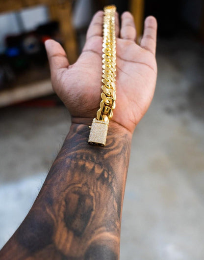 Zyan Gems | Solid 16mm Miami Cuban Link Bracelet with Iced Lock |  Gold Micron Plated on  Sterling Silver Bracelet with AAA+ Quality Swarovski Diamonds