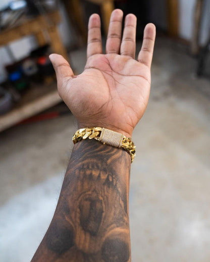 Zyan Gems | Solid 12mm Miami Cuban Link Bracelet with Iced Lock |  Gold Micron Plated on  Sterling Silver Bracelet with AAA+ Quality Swarovski Diamonds