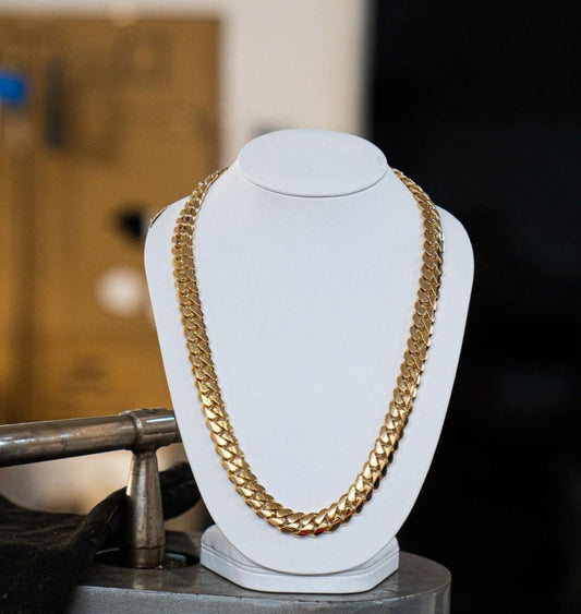 Zyan Gems | 14mm Wide Solid Miami Cuban Link Chain |  Gold Micron Plated  Sterling Silver Chain