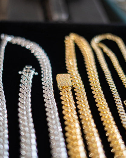 Zyan Gems | Solid 12mm Miami Cuban Link Chain with Iced Lock |  Gold Micron Plated on  Sterling Silver Chain with AAA+ Quality Swarovski Diamonds