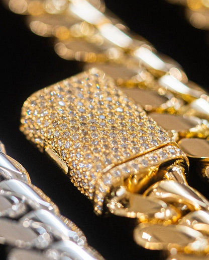 Zyan Gems | Solid 16mm Miami Cuban Link Chain with Iced Lock |  Gold Micron Plated on  Sterling Silver Chain with AAA+ Quality Swarovski Diamonds