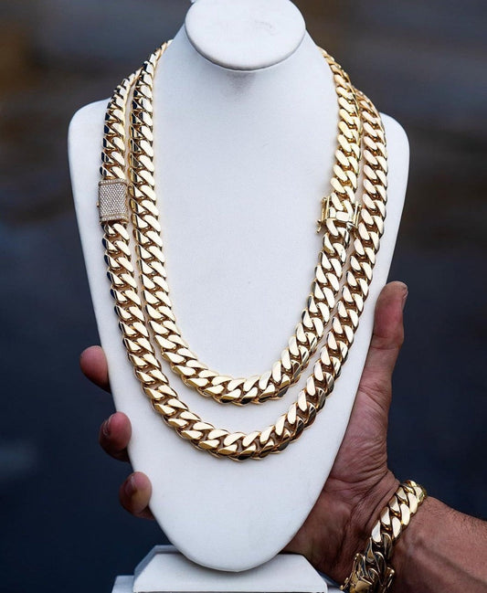 Zyan Gems | Solid 16mm Miami Cuban Link Chain with Iced Lock |  Gold Micron Plated on  Sterling Silver Chain with AAA+ Quality Swarovski Diamonds