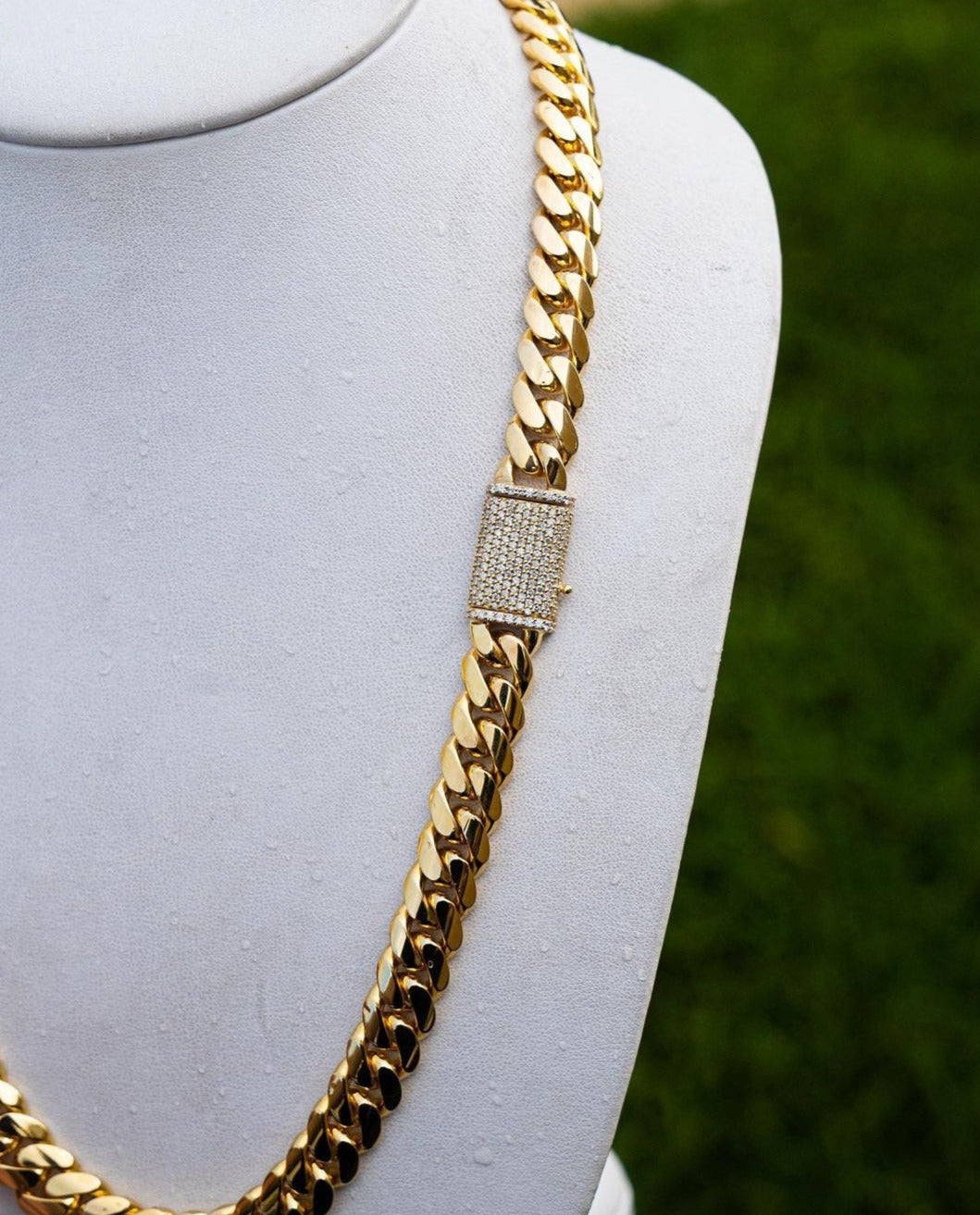 Zyan Gems | Solid 12mm Miami Cuban Link Chain with Iced Lock |  Gold Micron Plated on  Sterling Silver Chain with AAA+ Quality Swarovski Diamonds