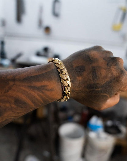 Zyan Gems | 14mm Wide Solid Miami Cuban Link Bracelet |  Gold Micron Plated  Sterling Silver Bracelet