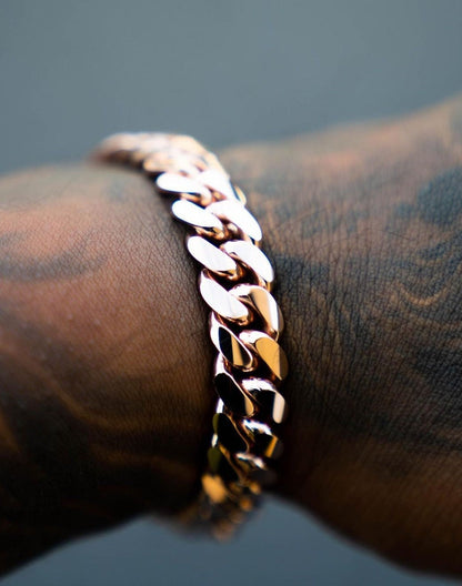 Zyan Gems | 14mm Wide Solid Miami Cuban Link Bracelet |  Gold Micron Plated  Sterling Silver Bracelet