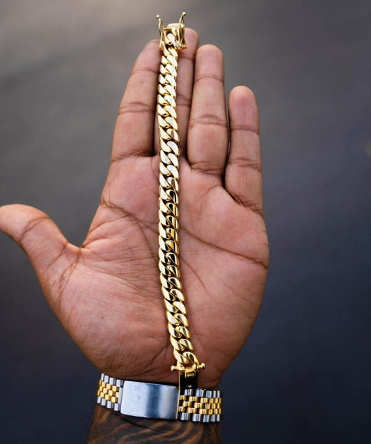 Zyan Gems | 10mm Wide Solid Miami Cuban Link Bracelet |  Gold Micron Plated  Sterling Silver Bracelet