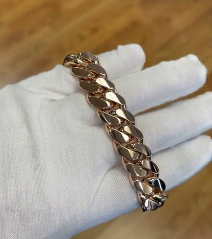 Zyan Gems | 16mm wide Solid Miami Cuban Link Bracelet With Iced Lock in Baguettes | Rosegold Plated  Sterling Silver Bracelet