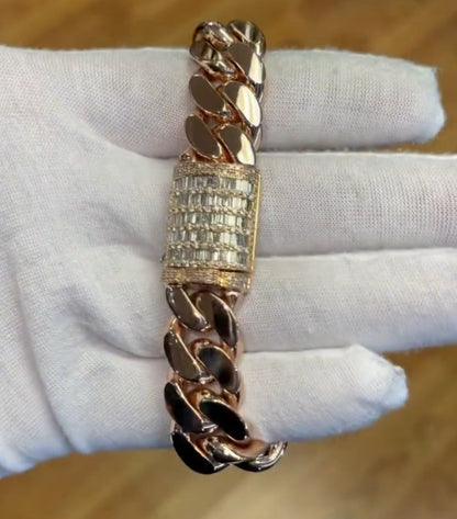 Zyan Gems | 16mm wide Solid Miami Cuban Link Bracelet With Iced Lock in Baguettes | Rosegold Plated  Sterling Silver Bracelet
