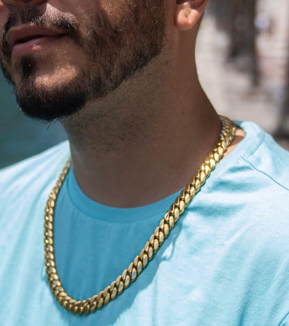 Zyan Gems | 14mm Wide Solid Miami Cuban Link Chain |  Gold Micron Plated  Sterling Silver Chain