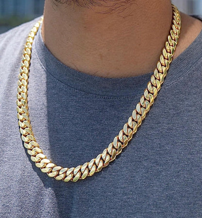 Zyan Gems | 14mm Wide Solid Miami Cuban Link Chain |  Gold Micron Plated  Sterling Silver Chain